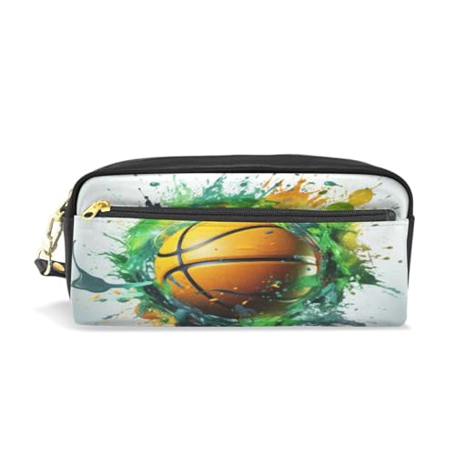 LINNIKEEEE Grüne Basketballkunst Federmäppchen aus Leder,Mäppchen Schlamperbox Stifttasche,Make-up-Tasche,Organizer für Jungen Mädchen von LINNIKEEEE