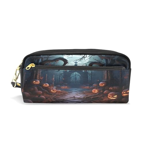 LINNIKEEEE Halloween-Kürbisschloss Federmäppchen aus Leder,Mäppchen Schlamperbox Stifttasche,Make-up-Tasche,Organizer für Jungen Mädchen von LINNIKEEEE