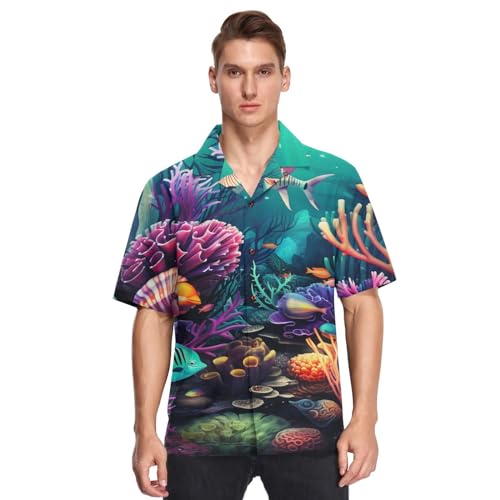 LINNIKEEEE Meeresmuster Fische Wale Herren-Hawaii-Hemden, kurzärmelig, Button-Down-Freizeithemd für den Sommer Strand von LINNIKEEEE