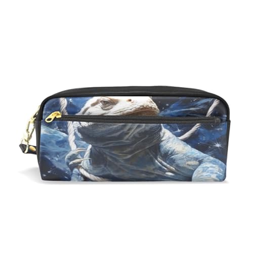 LINNIKEEEE Space Blue Komodo Federmäppchen aus Leder,Mäppchen Schlamperbox Stifttasche,Make-up-Tasche,Organizer für Jungen Mädchen von LINNIKEEEE