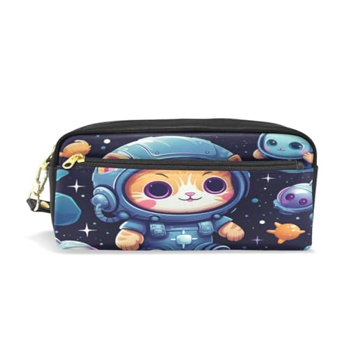 LINNIKEEEE Tier-Astronautenkatzen Federmäppchen aus Leder,Mäppchen Schlamperbox Stifttasche,Make-up-Tasche,Organizer für Jungen Mädchen von LINNIKEEEE