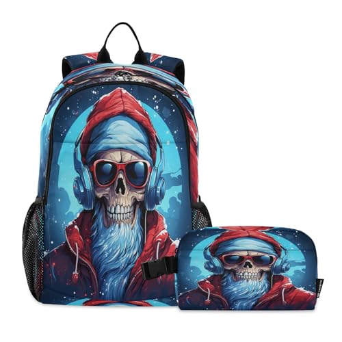 LINNIKEEEE Totenkopf Im Weihnachtsstil Studentenrucksack Lunchtasche Set – Leichte Schultasche für Jungen Mädchen von LINNIKEEEE