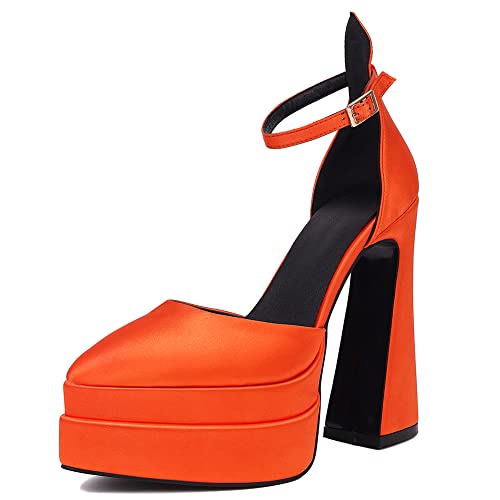 LIPIJIXI Damens Satin Plateau Heels Block Heels Knöchelriemchen Schnalles Flachform Dress Pumps Pointed Toe Hot High Heel Orange Satin Sandal Size 38 von LIPIJIXI