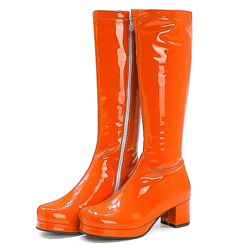 LIPIJIXI Orange Knee Höhe Stiefel GoGo Stiefel of the 70s Runde Zehen Disco Stiefel Absatz Chunky Plateau Stiefel Lack Side Zipper Höhe Stiefel Size 41 von LIPIJIXI