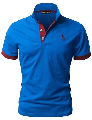 LIUPMWE Poloshirt Herren Kurzarm Baumwolle Einfarbig Basic Golf T-Shirt Giraffe Stickerei Polohemd Sommer,Blau 1+Rot 1,L von LIUPMWE