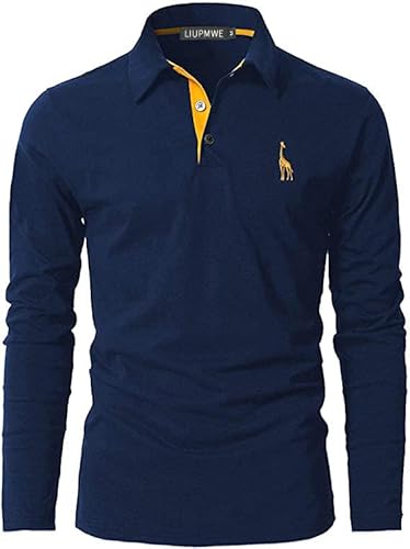 LIUPMWE Poloshirt Herren Langarm Polohemd Giraffe Stickerei Einfarbig Slim Fit T-Shirt M-3XL,Blau-09,L von LIUPMWE