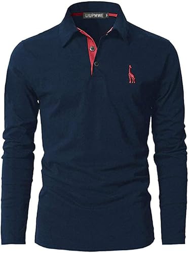 LIUPMWE Poloshirt Herren Langarm Polohemd Giraffe Stickerei Einfarbig Slim Fit T-Shirt M-3XL,Blau-0901,L von LIUPMWE