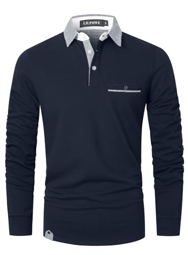 LIUPMWE Poloshirt Herren Langarm Polos Slim Fit Klassisch Kariert Kragen Baumwolle Golf T-Shirts Casual Polo Shirts,Blau-12,XXL von LIUPMWE
