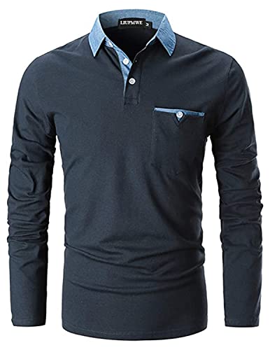 LIUPMWE Poloshirt Herren Langarm Slim Fit Denim Nähen Einfarbig Männer Golf Polo Shirts Baumwolle Polohemd,3XL,Blau von LIUPMWE