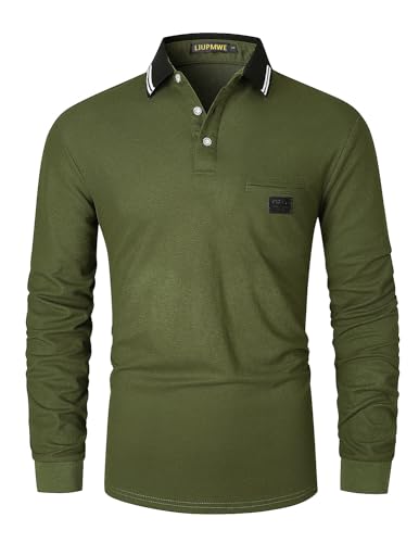 LIUPMWE Poloshirts Herren Langarm Golf Poloshirts mit Tasche Kontrastfarbe Ausschnitt Baumwolle Basic Polohemd T-Shirt,Grün-40,M von LIUPMWE