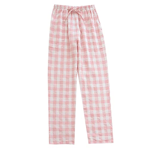 YSGE Pyjama Hosen Damen,Karierte Pyjamahose Für Damen, Lässig, Locker, Baumwolle, Gaze, Rosa, Kariert, Frühling, Weich, Gemütlich, Schlafhose, Stretch, Kordelzug, Weites Bein, Yogahose, Lounge, Heimk von LIUYUYOUGO