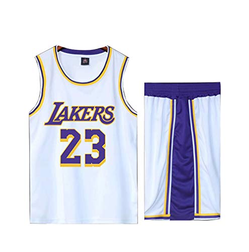 Basketball Trikot für Lebron Raymone James No.23 Lakers Fans Basketball ärmellose Anzug Kinder Erwachsene schwarz lila Sportswear T-Shirt Weste + Shorts jugendlich weiß gelb Sweatshirt-White-L von LJWLCH