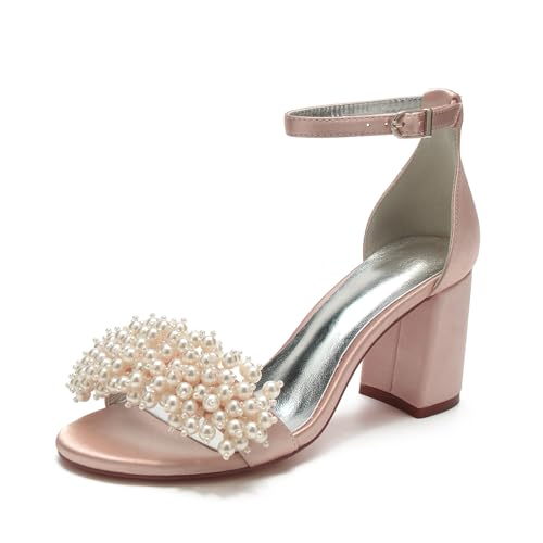 LMUIPMAA Damen Perle Sandalen Klobig Hoch Absatz Offene Zehe Kleider Party Schuhe with Knöchelriemen,Dusty rose,35 EU von LMUIPMAA