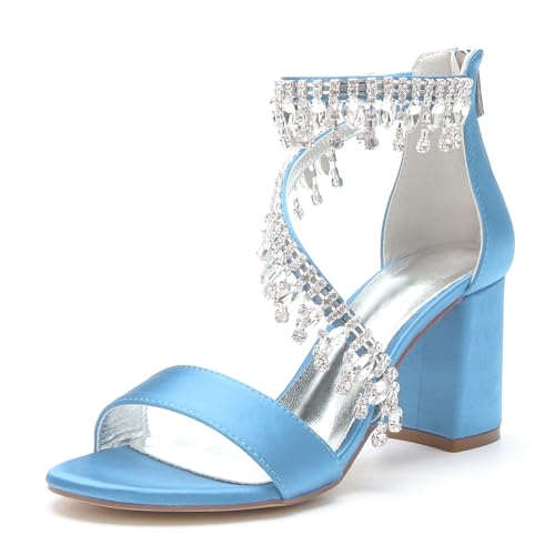 LMUIPMAA Damen Sandaletten Glänzende Strasssteine High Heels Blockabsatz Offene Zehen Abend Party Braut Schuhe Riemchenpumps,Sky blue,38 EU von LMUIPMAA