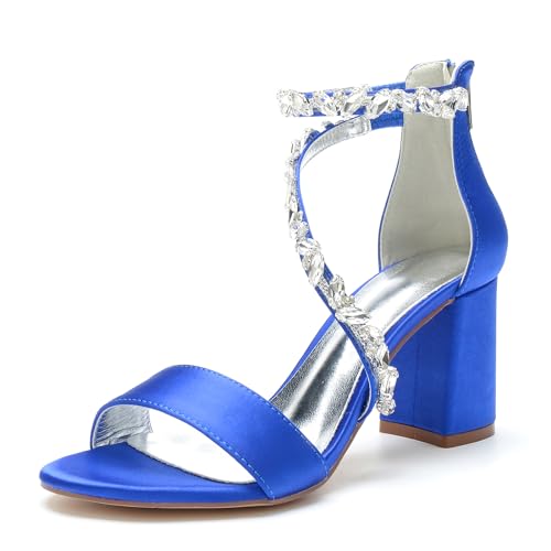 LMUIPMAA Damen Sandaletten Hochzeits Pumps Mit Blockabsatz Hoher Absatz Sexy Offene Zehen Knöchelriemen Abend Party Schuhe,Blau,36 EU von LMUIPMAA