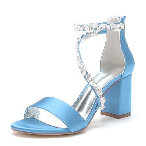 LMUIPMAA Damen Sandaletten Hochzeits Pumps Mit Blockabsatz Hoher Absatz Sexy Offene Zehen Knöchelriemen Abend Party Schuhe,Sky blue,37 EU von LMUIPMAA