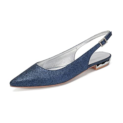 LMUIPMAA Damen Slingback Ballerina mit Knöchel Schnalle Glitzer Flach Spitz Zehen Sommer-Schuhe,Dark blue,36 EU von LMUIPMAA