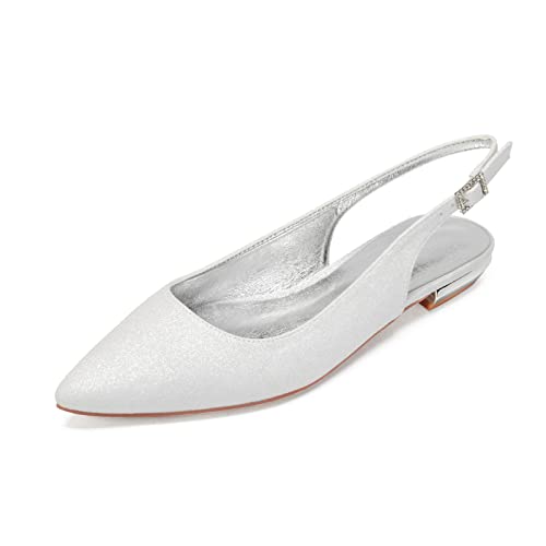 LMUIPMAA Damen Slingback Ballerina mit Knöchel Schnalle Glitzer Flach Spitz Zehen Sommer-Schuhe,Elfenbein,36 EU von LMUIPMAA