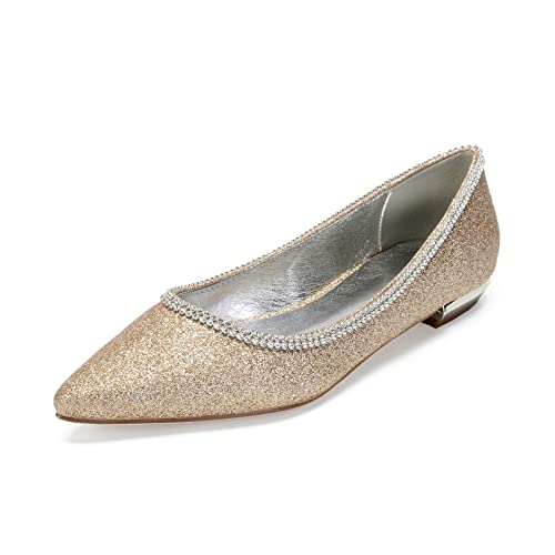 LMUIPMAA Flache Schuhe Frauen Geschlossene Zehen Slip On Wohnungen für Freizeitkleid, formell Hochzeit mit Strass,Champagne,36 EU von LMUIPMAA