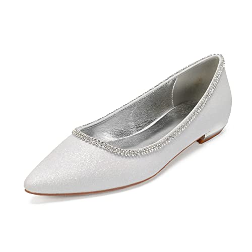 LMUIPMAA Flache Schuhe Frauen Geschlossene Zehen Slip On Wohnungen für Freizeitkleid, formell Hochzeit mit Strass,Elfenbein,37 EU von LMUIPMAA