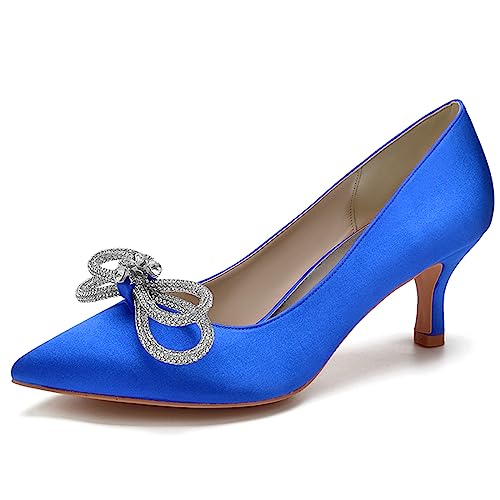 LMUIPMAA Frauen Satin Niegriger Absatz Hofschuhe Strass Hochzeit Kätzchen Absatz Pumps Geschlossene Zehen Braut Party Schuhe,Blau,35 EU von LMUIPMAA