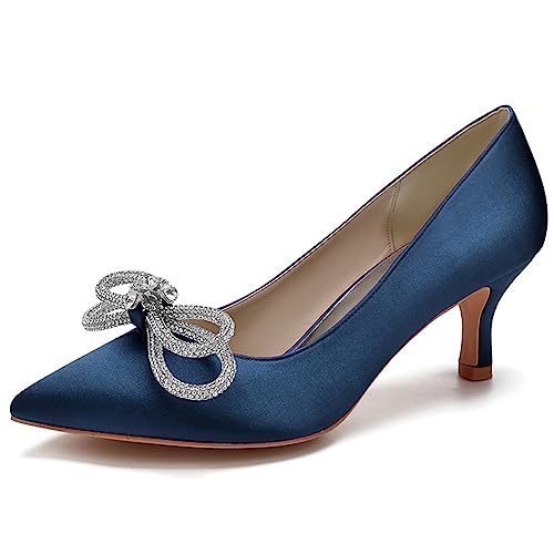 LMUIPMAA Frauen Satin Niegriger Absatz Hofschuhe Strass Hochzeit Kätzchen Absatz Pumps Geschlossene Zehen Braut Party Schuhe,Dark Blue,35 EU von LMUIPMAA