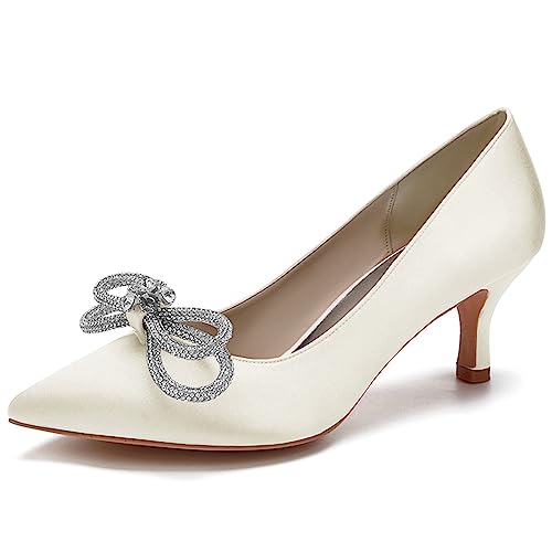 LMUIPMAA Frauen Satin Niegriger Absatz Hofschuhe Strass Hochzeit Kätzchen Absatz Pumps Geschlossene Zehen Braut Party Schuhe,Elfenbein,36 EU von LMUIPMAA