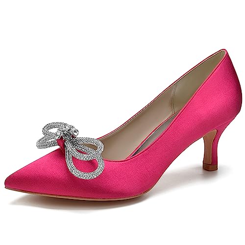 LMUIPMAA Frauen Satin Niegriger Absatz Hofschuhe Strass Hochzeit Kätzchen Absatz Pumps Geschlossene Zehen Braut Party Schuhe,Fuchsia,35 EU von LMUIPMAA