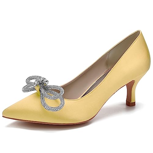 LMUIPMAA Frauen Satin Niegriger Absatz Hofschuhe Strass Hochzeit Kätzchen Absatz Pumps Geschlossene Zehen Braut Party Schuhe,Gold,36 EU von LMUIPMAA