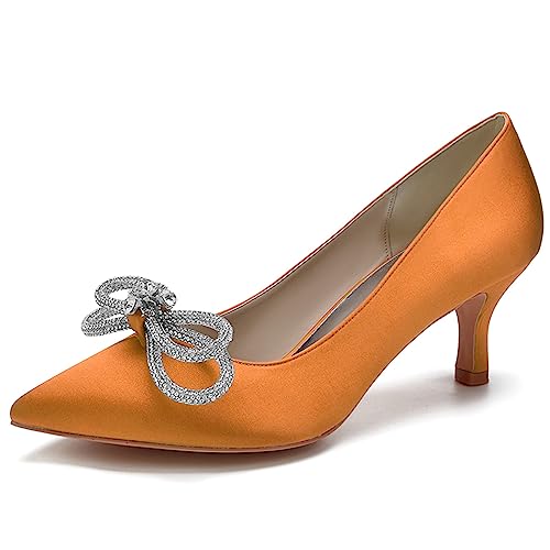 LMUIPMAA Frauen Satin Niegriger Absatz Hofschuhe Strass Hochzeit Kätzchen Absatz Pumps Geschlossene Zehen Braut Party Schuhe,Orange,37 EU von LMUIPMAA