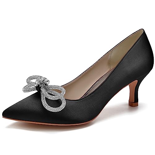 LMUIPMAA Frauen Satin Niegriger Absatz Hofschuhe Strass Hochzeit Kätzchen Absatz Pumps Geschlossene Zehen Braut Party Schuhe,Schwarz,36 EU von LMUIPMAA