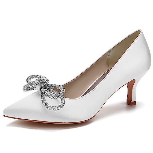 LMUIPMAA Frauen Satin Niegriger Absatz Hofschuhe Strass Hochzeit Kätzchen Absatz Pumps Geschlossene Zehen Braut Party Schuhe,Weiß,35 EU von LMUIPMAA