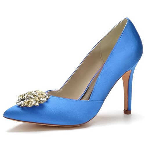 LMUIPMAA Frauen Schuhe Spitze High Heels Pin Schuhe Hochzeitsschuhe Für Partys Mit Strass,Blau,37 EU von LMUIPMAA