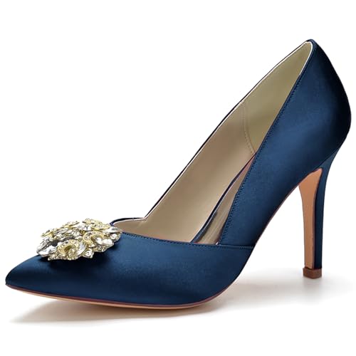 LMUIPMAA Frauen Schuhe Spitze High Heels Pin Schuhe Hochzeitsschuhe Für Partys Mit Strass,Dark Blue,36 EU von LMUIPMAA