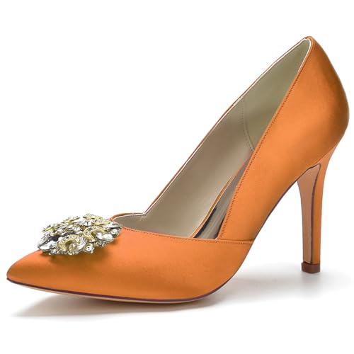 LMUIPMAA Frauen Schuhe Spitze High Heels Pin Schuhe Hochzeitsschuhe Für Partys Mit Strass,Orange,35 EU von LMUIPMAA