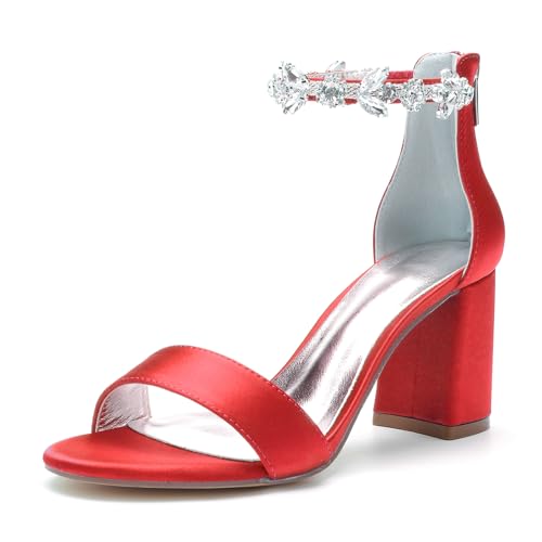 LMUIPMAA Frauen Sommer Pumps Mit Dicken Absätzen Reißverschluss Sandalen Mit Satin Abend Ballkleid Schuhe High Heels,Rot,35 EU von LMUIPMAA