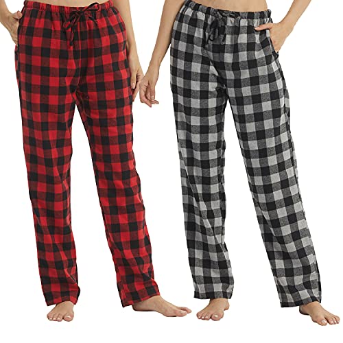 1–2 Stück Pyjamahose für Damen, Flanell, kariert, Pyjamahose, weiche Pyjama, Lounge-Hose, Fleece, Lounge, Nachtwäsche mit Taschen, Rotes, schwarzes Karomuster und graues schwarzes Karomuster, 36 von LNFINTDO