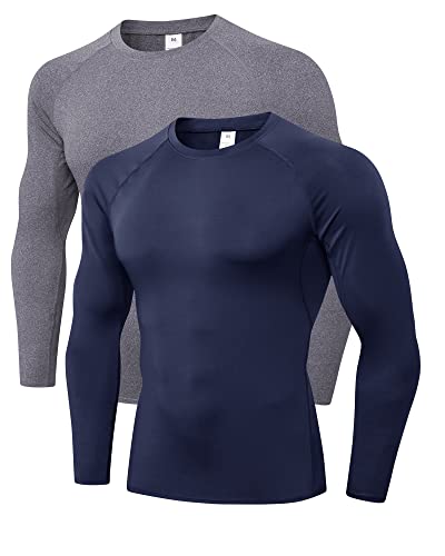 LNJLVI 2er Pack Herren Kompressionsshirt Langarm Funktions Shirt Sportshirt Laufshirt (Navy-Grau,M) von LNJLVI