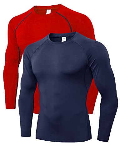 LNJLVI 2er Pack Herren Kompressionsshirt Langarm Funktions Shirt Sportshirt Laufshirt (Navy-Rot,S) von LNJLVI