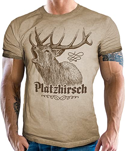 Trachten Herren T-Shirt im Vintage Retro Used Look - Für echte Bayern Fans: Platzhirsch von LOBO NEGRO