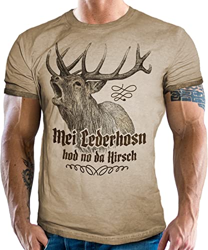 Trachten T-Shirt im Vintage Retro Used Look - Für echte Bayern Fans: MEI Lederhosn hod no da Hirsch von LOBO NEGRO