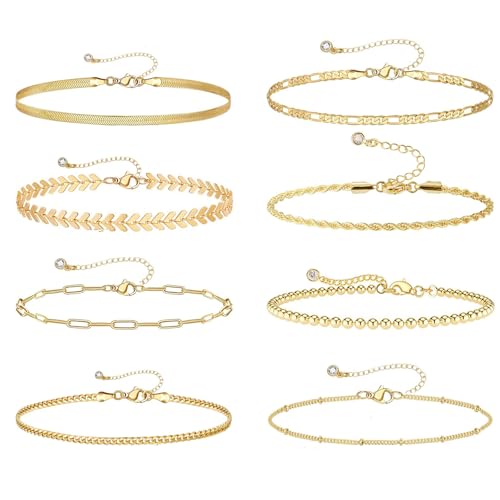 LOCCY 8 Stück Gold Fußkettchen für Frauen, 14 Karat Vergoldet Stacking Ketten Armbander Fussketten Verstellbar Twist Figaro Fischgrätenkette Barfuß Fußkettchen Schmuck für Damen Mädchen von LOCCY