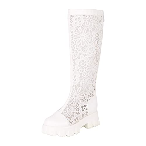 LOIJMK Damen-Stiefel mit mittlerer Wade, Frühling und Sommer, modisch, einfaches Muster, Mesh-Stiefel, bequem, besohlt, dicker Absatz, quadratischer Absatz Militär Herren 46 (White, 39) von LOIJMK