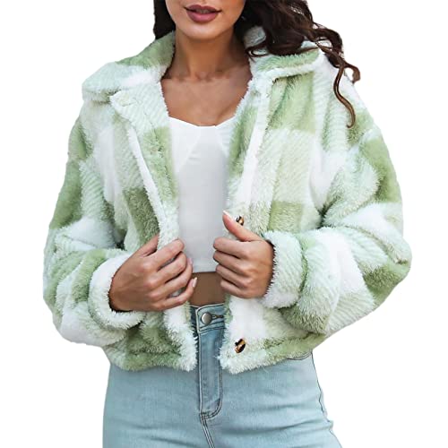 LOIJMK Fleecejacke Damen Kurz Lässige Karierte Hemdjacke Winter Jacke Mantel Parka Cardigan Plüschjacke Plüschmantel Wintermantel Winterjacke Fleece Jacken Damenjacken Teddyjacke für Frauen von LOIJMK