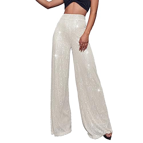 LOIJMK High Waist Hose Damen Glänzend, Elegante Hose Damen Breite Hosen Pailletten Freizeithose Palazzohose Funky Weites Bein Straight Hosen Frauen Sequin Freizeithosen Baggy Hose Outdoorhose von LOIJMK