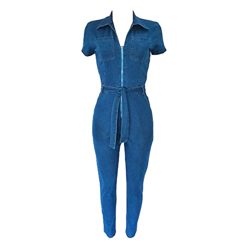 LOIJMK Jumpsuit Damen Sexy Jeans-Overal, Kurzarm Skinny Jeans-Jumpsuits, Stretch Denim-Overall mit Knöpfen, Mode Jeansoverall, Temperament Strampler Latzhosen Slim Jeans-Röhrenjeans Playsuit Damen von LOIJMK