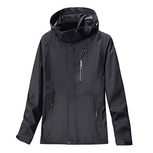 LOIJMK ReißVerschluss Regenjacke Herren Schwarz Mit Kapuze Outdoorjacke Wasserdicht Windbreaker Winddichte Regenmantel Mit Zip-Taschen üBergangsjacke Herbst Winter Softshelljacke Baggy von LOIJMK