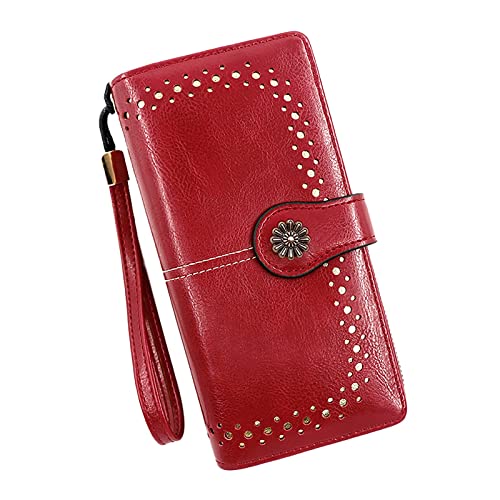 LOIJMK Retro Einfache Lange Brieftasche Multifunktion Große Kapazität Brieftasche Handtasche Geldbörsen Damen Groß Viele Handy (Red, One Size) von LOIJMK