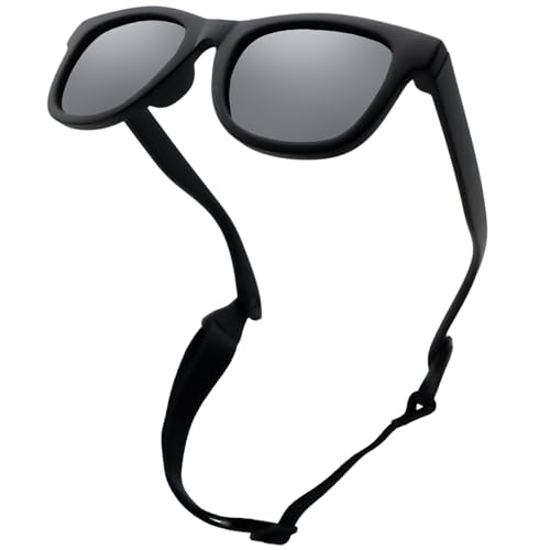 LOJUDI Baby Sonnenbrille Polarisierte mit Riemen Verstellbar Weicher Silikonrahmen für 0-24 Monate-Schwarz/Grau von LOJUDI