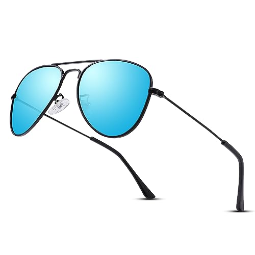 LOJUDI Kinder Pilotenbrille Sonnenbrillen Polarisierte Fliegerbrille Coole Verspiegelt mit UV400 Schutz für Jungen MäDchen Teenage 4-15 Jahre(Schwarz/Blau) von LOJUDI